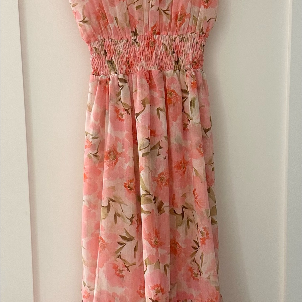 Misa Los Angeles Pink Floral Midi Dress with Smocked Waist